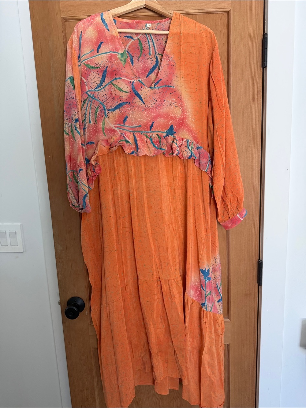 Boho Orange Floral Silk Maxi Dress with Ruffled Bodice